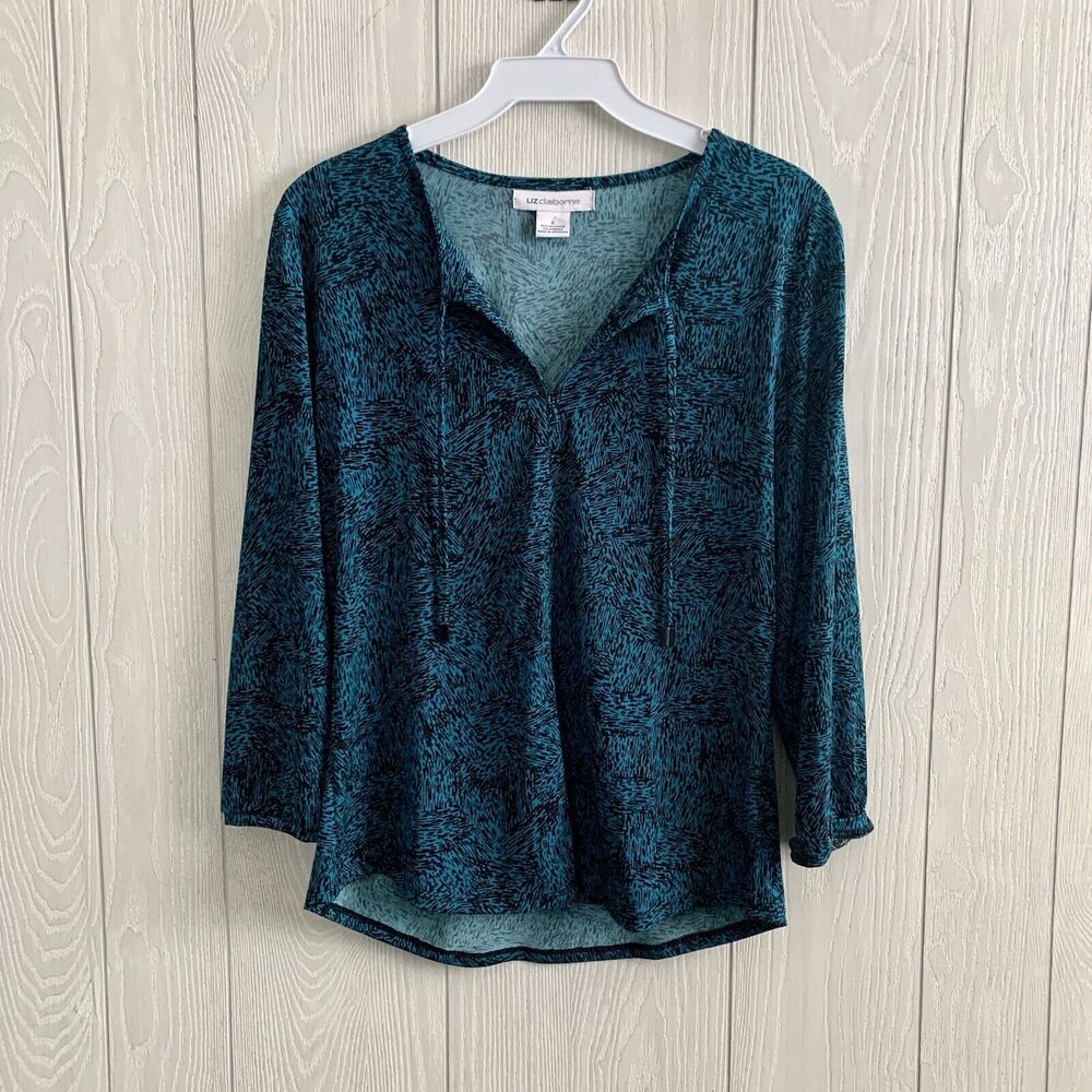Liz Claiborne Green Black Print V-Neck Top Small
